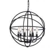 Wideskall 6-Bulbs Industrial Globe Chandelier Lighting Fixture, 20-inch Metal Shade, Matte Black Finish, UL Certificated