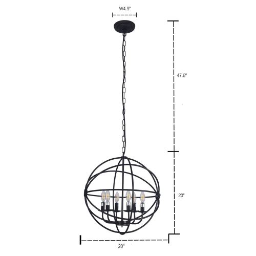  Wideskall 6-Bulbs Industrial Globe Chandelier Lighting Fixture, 20-inch Metal Shade, Matte Black Finish, UL Certificated