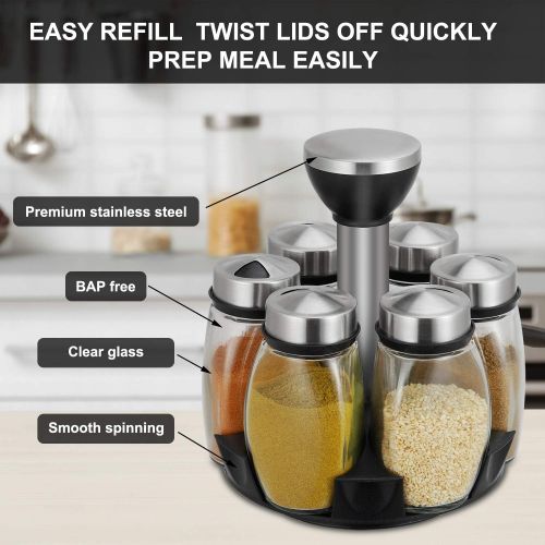  Widousy 6-Jar Revolving Spice Rack Organizer, Spinning Countertop Herb and Spice Rack Organizer with 6 Glass Jar Bottles (Spices Not Included)