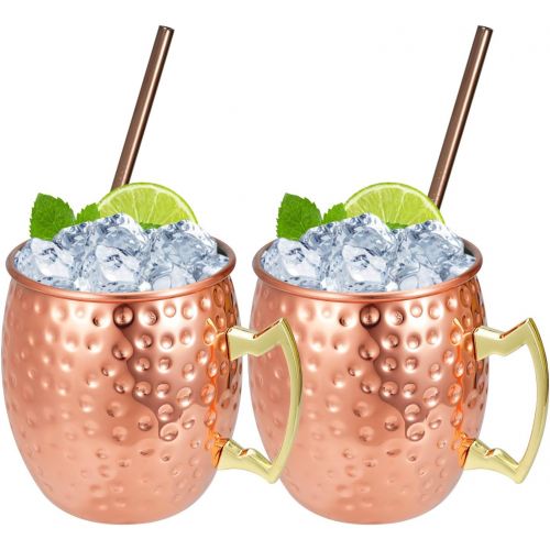  [아마존베스트]Widousy Moscow Mule Copper Mugs Set of 2 Handcrafted Copper Mugs 16 oz Gift Set with 2 Cocktail Copper Straws