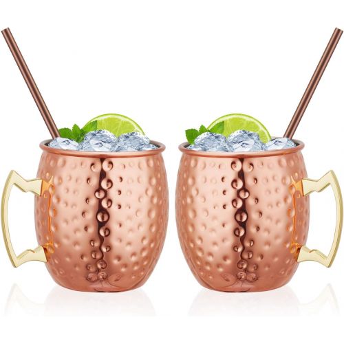  [아마존베스트]Widousy Moscow Mule Copper Mugs Set of 2 Handcrafted Copper Mugs 16 oz Gift Set with 2 Cocktail Copper Straws