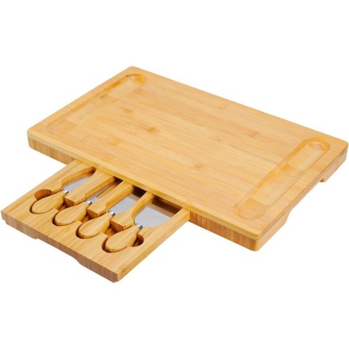  [아마존베스트]Widousy , ChBamboo Cheese Boardeese Platter with Utensils Set and 4 Stainless Steel Cutting Knives Cracker and Meat Serving Tray for Display, Decorations, Cheese Lovers, Gift Idea