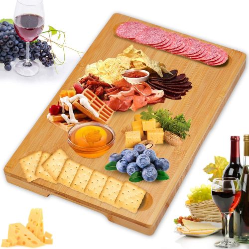  [아마존베스트]Widousy , ChBamboo Cheese Boardeese Platter with Utensils Set and 4 Stainless Steel Cutting Knives Cracker and Meat Serving Tray for Display, Decorations, Cheese Lovers, Gift Idea