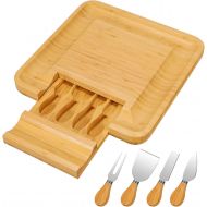 [아마존베스트]Widousy Bamboo Cheese Board and Knife Set, Charcuterie Platter and Serving Meat & Cheese Board with Slide-Out Drawer for Cutlery, 4 Stainless Steel Knives and Server Set