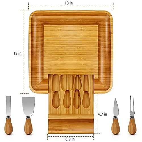  [아마존베스트]Widousy Bamboo Cheese Board and Knife Set, Charcuterie Platter and Serving Meat & Cheese Board with Slide-Out Drawer for Cutlery, 4 Stainless Steel Knives and Server Set