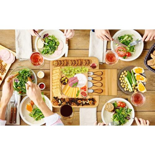  [아마존베스트]Widousy Bamboo Cheese Board and Knife Set, Charcuterie Platter and Serving Meat & Cheese Board with Slide-Out Drawer for Cutlery, 4 Stainless Steel Knives and Server Set