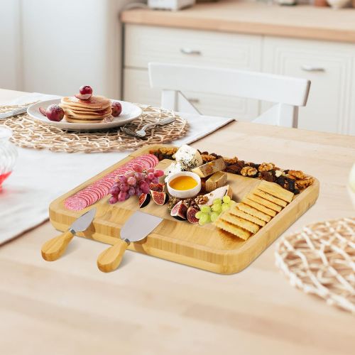  [아마존베스트]Widousy Bamboo Cheese Board and Knife Set, Charcuterie Platter and Serving Meat & Cheese Board with Slide-Out Drawer for Cutlery, 4 Stainless Steel Knives and Server Set