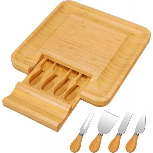  [아마존베스트]Widousy Bamboo Cheese Board and Knife Set, Charcuterie Platter and Serving Meat & Cheese Board with Slide-Out Drawer for Cutlery, 4 Stainless Steel Knives and Server Set