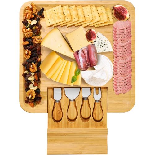  [아마존베스트]Widousy Bamboo Cheese Board and Knife Set, Charcuterie Platter and Serving Meat & Cheese Board with Slide-Out Drawer for Cutlery, 4 Stainless Steel Knives and Server Set