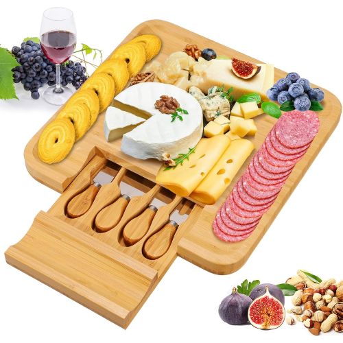  [아마존베스트]Widousy Bamboo Cheese Board and Knife Set, Charcuterie Platter and Serving Meat & Cheese Board with Slide-Out Drawer for Cutlery, 4 Stainless Steel Knives and Server Set