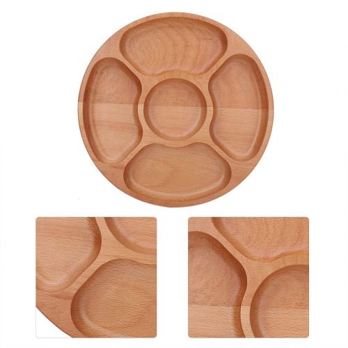  Wifehelper Solid Wooden Round Shape Food Divided Plate Dessert Snack Sub-grid Dish Tableware Tray Compartment Cheese Platter(30cm)