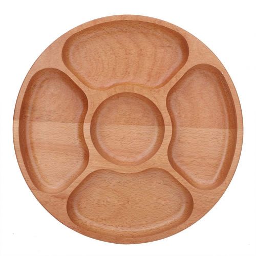  Wifehelper Solid Wooden Round Shape Food Divided Plate Dessert Snack Sub-grid Dish Tableware Tray Compartment Cheese Platter(30cm)