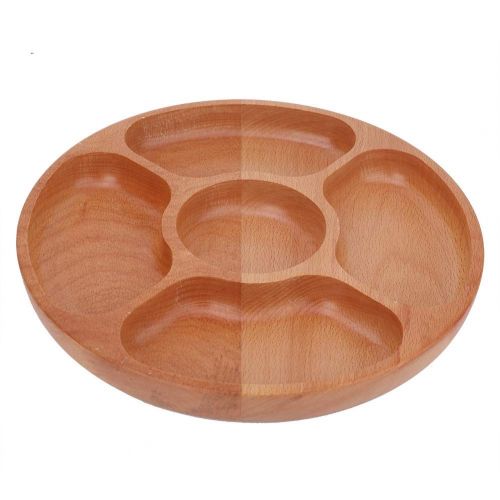  Wifehelper Solid Wooden Round Shape Food Divided Plate Dessert Snack Sub-grid Dish Tableware Tray Compartment Cheese Platter(30cm)