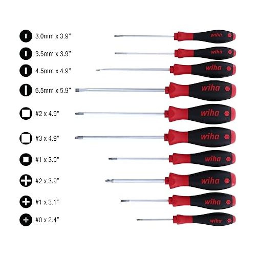  Wiha 30290 SoftFinish Grip ScrewDriver Set, Slotted 3.0-6.5, Phillips Number 0 -2 and Square Number 1-3, 10-Piece Set