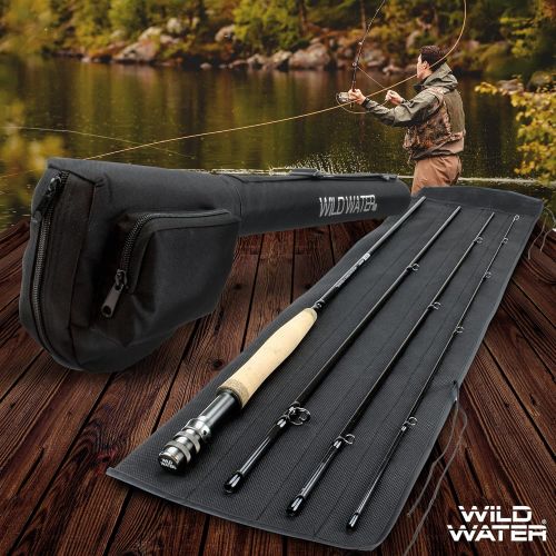  Wild Water Standard Fly Fishing Starter Package, 3 or 4 Weight 7 Foot Fly Rod, 4-Piece Graphite Rod with Cork Handle, Accessories, Die Cast Aluminum Reel, Carrying Case, Fly Box Ca