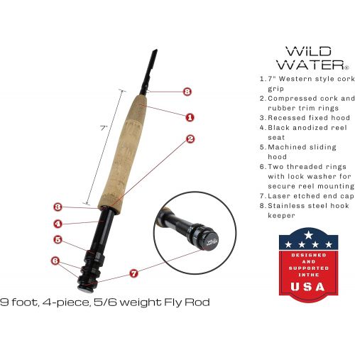  Wild Water Deluxe Fly Fishing Starter Package, 5 or 6 Weight 9 Foot Fly Rod, 4-Piece Graphite Rod with Cork Handle, Accessories, Die Cast Aluminum Reel, Carrying Case, Fly Box Case