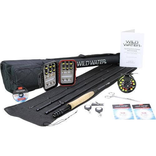  Wild Water Deluxe Fly Fishing Starter Package, 5 or 6 Weight 9 Foot Fly Rod, 4-Piece Graphite Rod with Cork Handle, Accessories, Die Cast Aluminum Reel, Carrying Case, Fly Box Case