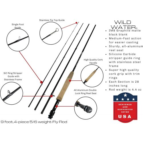  Wild Water Deluxe Fly Fishing Starter Package, 5 or 6 Weight 9 Foot Fly Rod, 4-Piece Graphite Rod with Cork Handle, Accessories, Die Cast Aluminum Reel, Carrying Case, Fly Box Case