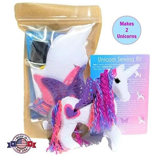  [아마존베스트]Wildflower Toys Unicorn Sewing Kit for Girls - Felt Craft Kit for Beginners Ages 7+ - Makes 2 Glitter White Felt Stuffed Unicorns
