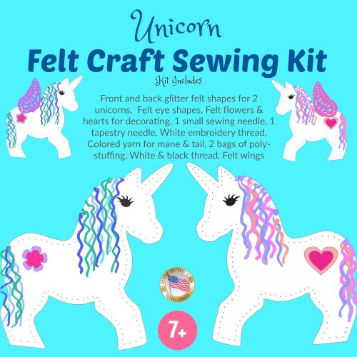  [아마존베스트]Wildflower Toys Unicorn Sewing Kit for Girls - Felt Craft Kit for Beginners Ages 7+ - Makes 2 Glitter White Felt Stuffed Unicorns