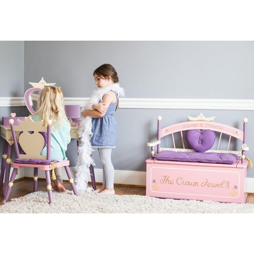  Wildkin Kids Princess Wooden Bench Seat with Storage for Boys and Girls, Toy Box Bench Seat Features Safety Hinge, Padded Backrest, Seat Cushion, and Two Carrying Handles, Measures