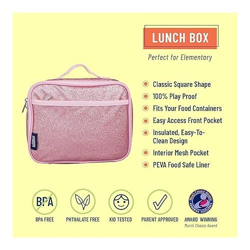  Wildkin Kids Insulated Lunch Box Bag for Boys & Girls, Reusable Kids Lunch Box is Perfect for Elementary, Ideal Size for Packing Hot or Cold Snacks for School & Travel Bento Bags (Pink Glitter)