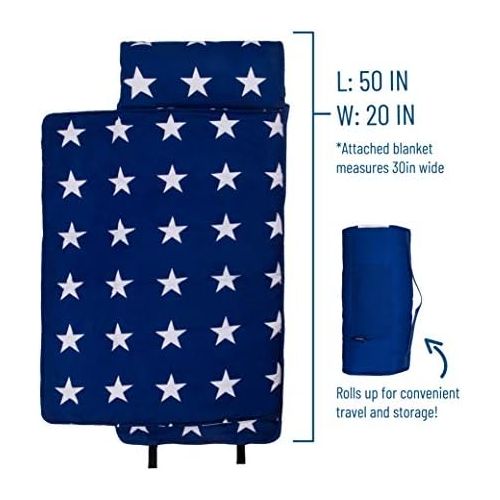  Wildkin Original Nap Mat with Pillow for Toddler Boys and Girls, Ideal for Daycare and Preschool, Measures 50 x 1.5 x 20 Inches, Moms Choice Award Winner, BPA-Free (Blue and White