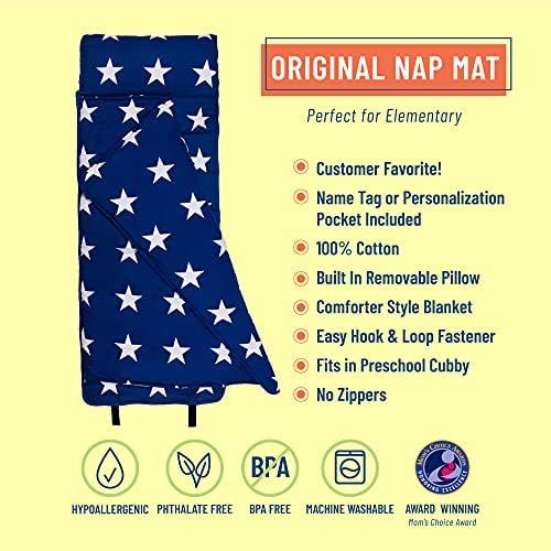  Wildkin Original Nap Mat with Pillow for Toddler Boys and Girls, Ideal for Daycare and Preschool, Measures 50 x 1.5 x 20 Inches, Moms Choice Award Winner, BPA-Free (Blue and White