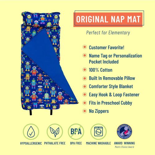  Wildkin Original Nap Mat with Pillow for Toddler Boys and Girls, Measures 50 x 20 x 1.5 Inches, Ideal for Daycare and Preschool, Moms Choice Award Winner, BPA-Free, Olive Kids (Rob