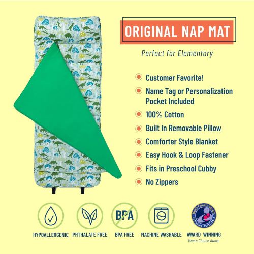  Wildkin Original Nap Mat with Pillow for Toddler Boys and Girls, Ideal for Daycare and Preschool, Measures 50 x 1.5 x 20 Inches, Moms Choice Award Winner, BPA-Free, Olive Kids (Din