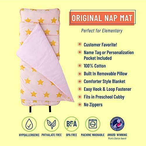  Wildkin Original Nap Mat with Pillow for Toddler Boys and Girls, Ideal for Daycare and Preschool, Measures 50 x 1.5 x 20 Inches, Moms Choice Award Winner, BPA-Free (Pink and Gold S