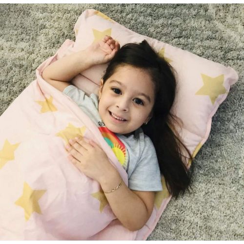  Wildkin Original Nap Mat with Pillow for Toddler Boys and Girls, Ideal for Daycare and Preschool, Measures 50 x 1.5 x 20 Inches, Moms Choice Award Winner, BPA-Free (Pink and Gold S