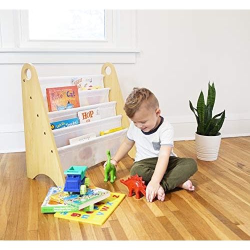  Wildkin Kids Natural and White Modern Sling Bookshelf for Boys and Girls, Wooden Design Features Two Top Handles and Four Fabric Shelves, Helps Keep Bedrooms, Playrooms, and Classr