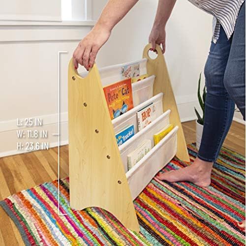  Wildkin Kids Natural and White Modern Sling Bookshelf for Boys and Girls, Wooden Design Features Two Top Handles and Four Fabric Shelves, Helps Keep Bedrooms, Playrooms, and Classr