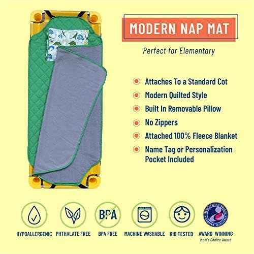  Wildkin All-in-One Modern Nap Mat with Pillow for Toddler Boys and Girls, Ideal for Daycare and Preschool, Features Elastic Corner Straps Cotton Blend Materials, Olive Kids (Dinomi