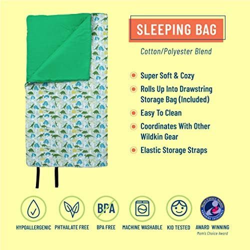  Wildkin Kids Original Sleeping Bag for Boys and Girls, Features Elastic Storage Strap & Storage Bag, Perfect Size for Slumber Parties, Camping, and Overnight Travel, BPA-free (Dino