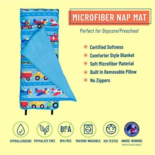  Wildkin Microfiber Nap Mat with Pillow for Toddler Boys and Girls,Measures 50 x 20 x 1.5 Inches,Ideal for Daycare and Preschool,Moms Choice Award Winner,BPA-Free,Olive Kids(Trains,