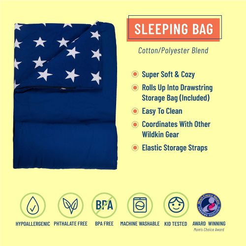  Wildkin Kids Sleeping Bags for Boys and Girls, Perfect Size for Parties, Camping, and Overnight Travel, Cotton Blend Materials Sleeping Bag, Measures 66 x 30 x 1.5 Inches, BPA-free