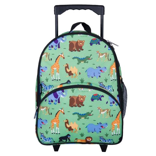  Wildkin Rolling Luggage, Features Telescopic Top Grab Handle with Convenient Extras for Quick and Easy Organization, Olive Kids Design - Wild Animals