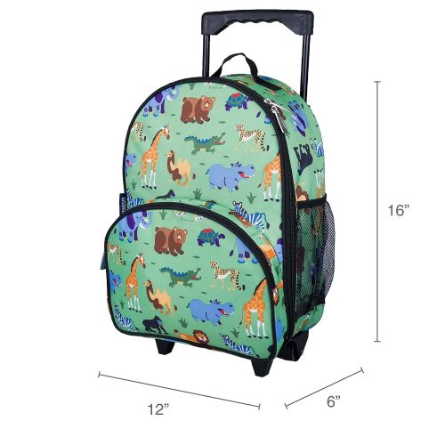  Wildkin Rolling Luggage, Features Telescopic Top Grab Handle with Convenient Extras for Quick and Easy Organization, Olive Kids Design - Wild Animals