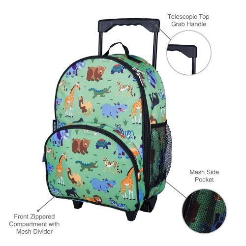  Wildkin Rolling Luggage, Features Telescopic Top Grab Handle with Convenient Extras for Quick and Easy Organization, Olive Kids Design - Wild Animals