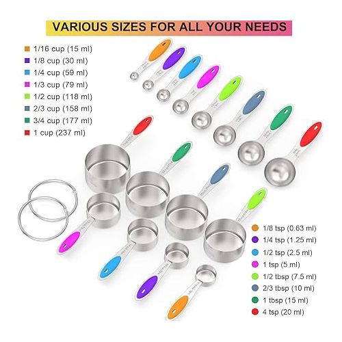  Measuring Cups & Spoons Set of 16, Wildone Premium Stainless Steel Measuring Cups and Measuring Spoons with Colored Silicone Handle, Including 8 Nesting Cups, 8 Spoons, for Dry and Liquid Ingredient