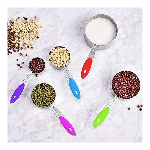  Measuring Cups & Spoons Set of 16, Wildone Premium Stainless Steel Measuring Cups and Measuring Spoons with Colored Silicone Handle, Including 8 Nesting Cups, 8 Spoons, for Dry and Liquid Ingredient