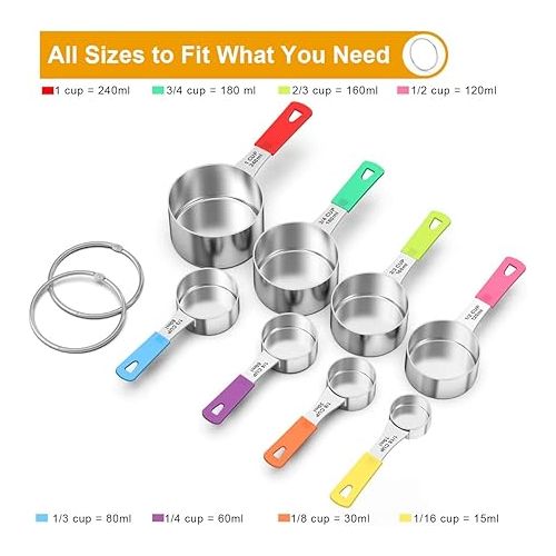  Wildone 8-Piece Measuring Cups Set, Stainless Steel Nesting Measuring Cups, Perfect for Dry and Liquid Ingredients, Dishwasher Safe