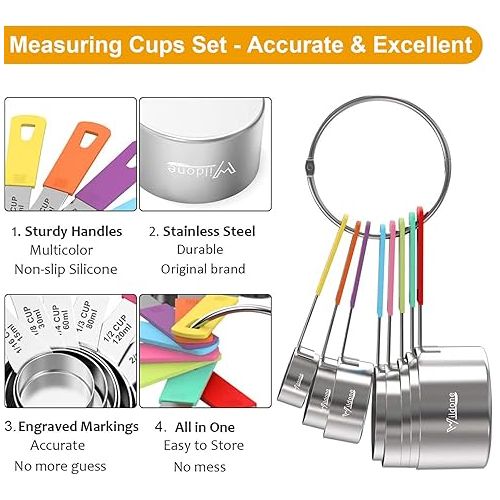  Wildone 8-Piece Measuring Cups Set, Stainless Steel Nesting Measuring Cups, Perfect for Dry and Liquid Ingredients, Dishwasher Safe