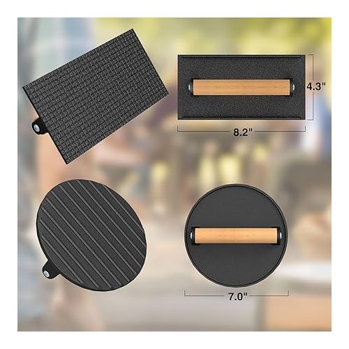  Wildone Smash Burger Press, Round Cast Iron Grill Press Burger Smasher for Griddle, Rectangular Bacon Press Meat Steak Press Sandwich Press with Wood Handle - 4Pcs