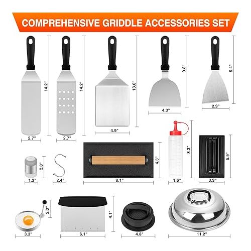  Griddle Accessories Kit, 25PCS Flat Top Grill Accessories Set for Blackstone and Camp Chef, Grill Spatula Set with Enlarged Spatulas, Basting Cover, Scraper, Carry Bag for Outdoor BBQ