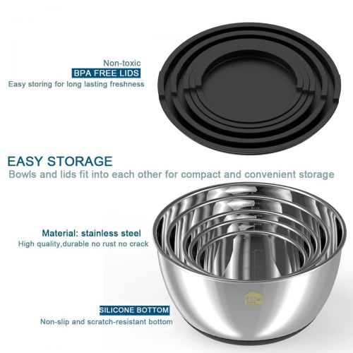  Mixing Bowls Set of 5, Wildone Stainless Steel Nesting Mixing Bowls with Lids, Measurement Lines & Silicone Bottoms, Size 8, 5, 3, 2, 1.5 QT, Non-Slip & Stackable Design, Great for