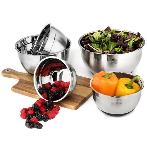  Mixing Bowls Set of 5, Wildone Stainless Steel Nesting Mixing Bowls with Lids, Measurement Lines & Silicone Bottoms, Size 8, 5, 3, 2, 1.5 QT, Non-Slip & Stackable Design, Great for