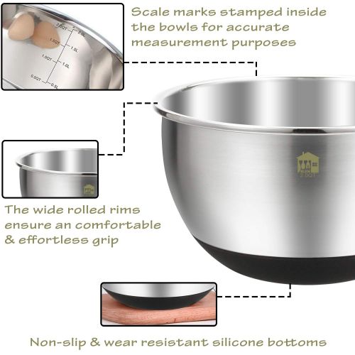  Wildone Stainless Steel Mixing Bowls, Nesting Bowls with Airtight Lids, Measurement Marks, Non Slip Silicone Bottoms, for Easy Mixing & Prepping - Set of 6